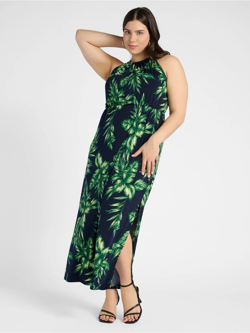 Gilli Navy Dress with Green Leaf Print
